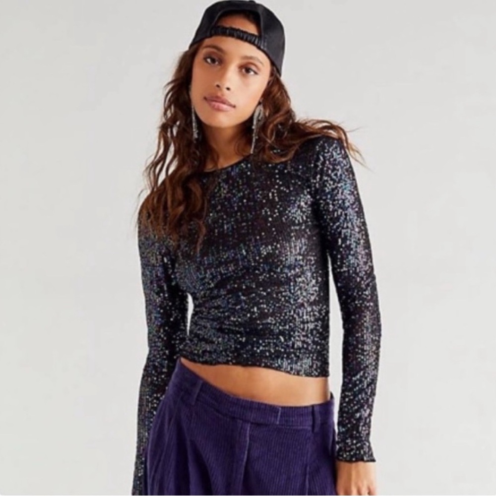 NWT Free People Gold Rush Sequin Long Sleeve Black Top